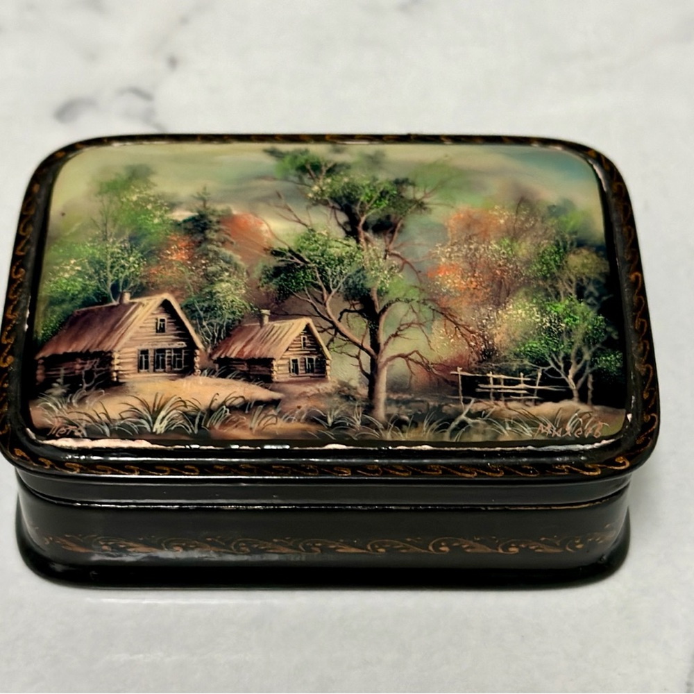 Mother Of Pearl Fedoskino Russian Lacquer Box Papier Mache Hand Painted Box